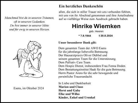 Traueranzeige von Hinrike Wiemken von WZ/JW/AH