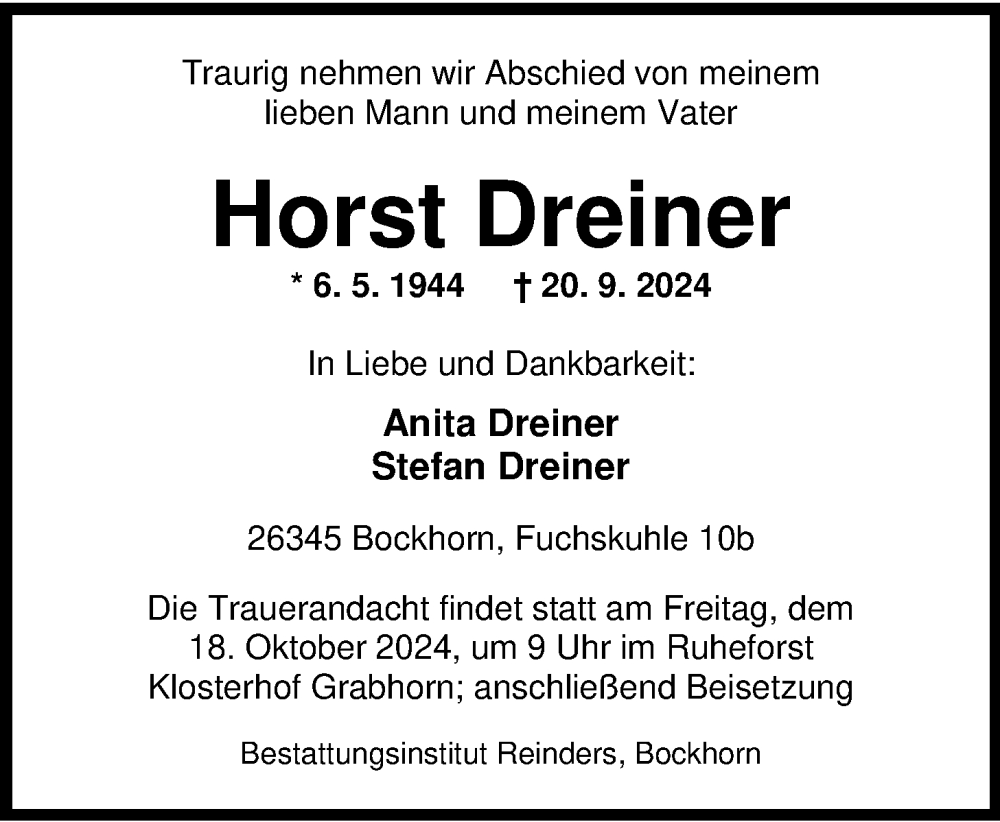  Traueranzeige für Horst Dreiner vom 15.10.2024 aus Nordwest-Zeitung