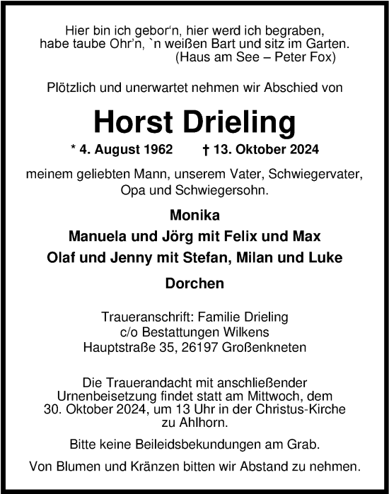 Traueranzeige von Horst Drieling von Nordwest-Zeitung