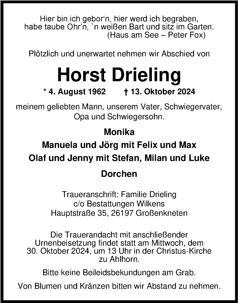  Traueranzeige für Horst Drieling vom 24.10.2024 aus Nordwest-Zeitung