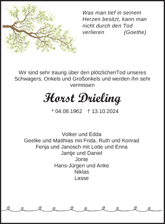 Traueranzeige von Horst Drieling von Nordwest-Zeitung