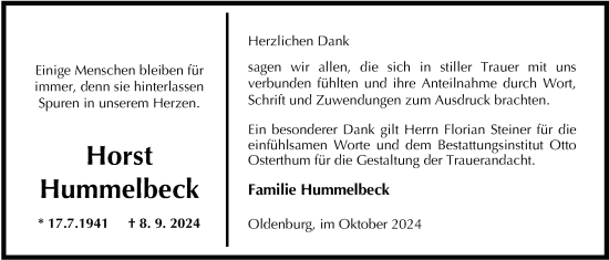 Traueranzeige von Horst Hummelbeck von Nordwest-Zeitung