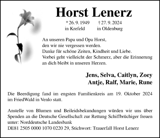 Traueranzeige von Horst Lenerz von Nordwest-Zeitung