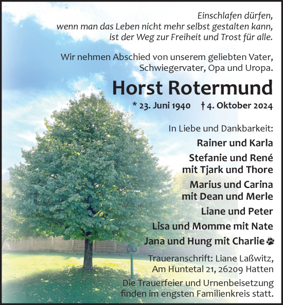Traueranzeige von Horst Rotermund von Nordwest-Zeitung