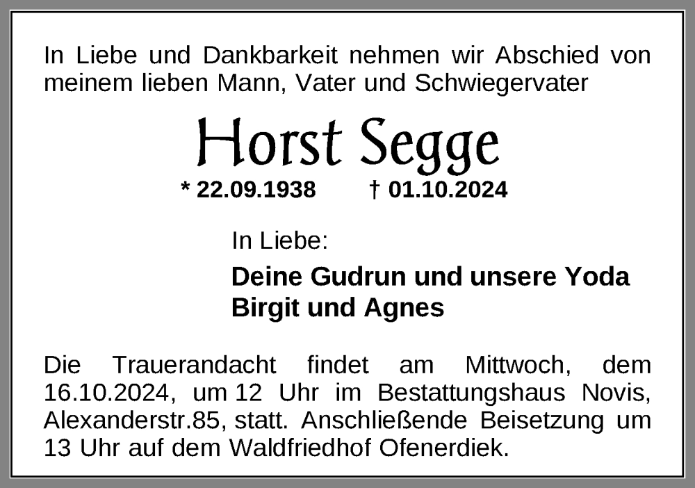  Traueranzeige für Horst Segge vom 10.10.2024 aus Nordwest-Zeitung