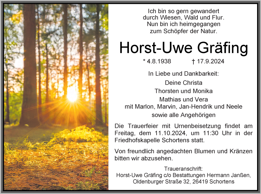  Traueranzeige für Horst-Uwe Gräfing vom 08.10.2024 aus WZ/JW/AH