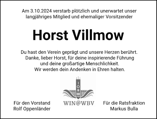 Traueranzeige von Horst Villmow von WZ/JW/AH