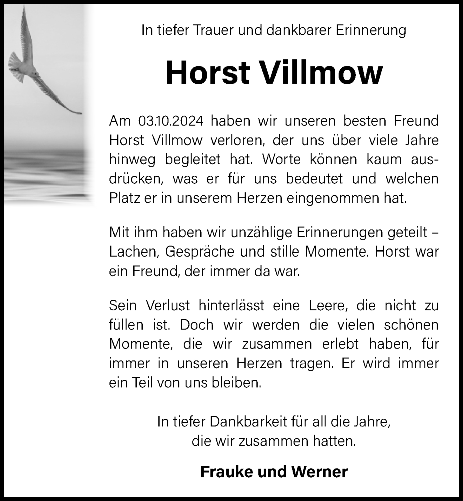  Traueranzeige für Horst Villmow vom 19.10.2024 aus WZ/JW/AH