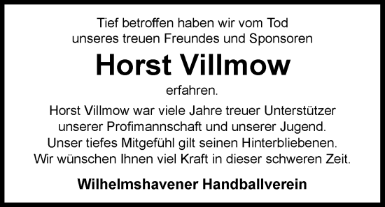 Traueranzeige von Horst Villmow von WZ/JW/AH