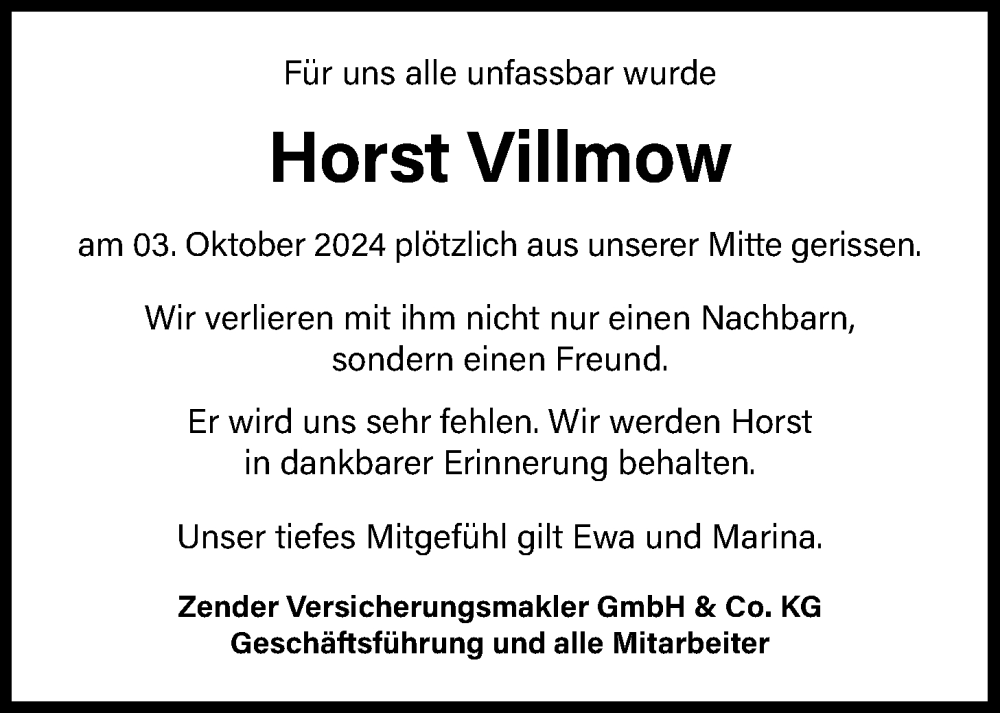 Traueranzeige für Horst Villmow vom 19.10.2024 aus WZ/JW/AH