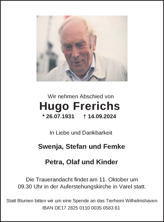 Traueranzeige von Hugo Frerichs von Nordwest-Zeitung