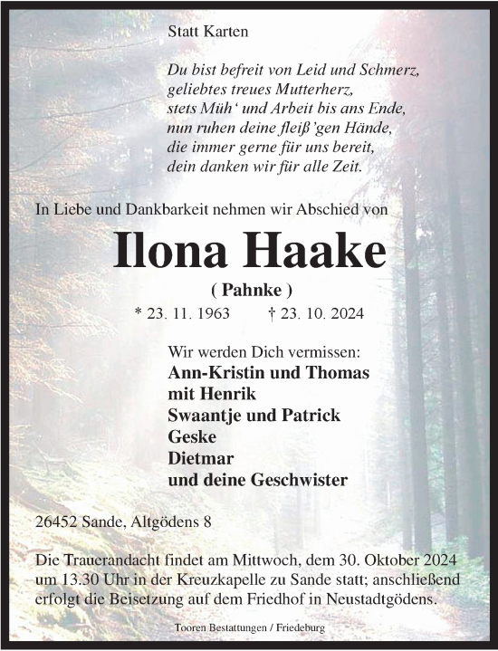 Traueranzeige von Ilona Haake von Nordwest-Zeitung