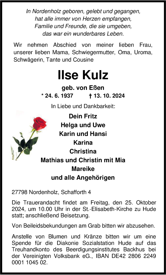 Traueranzeige von Ilse Kulz von Nordwest-Zeitung