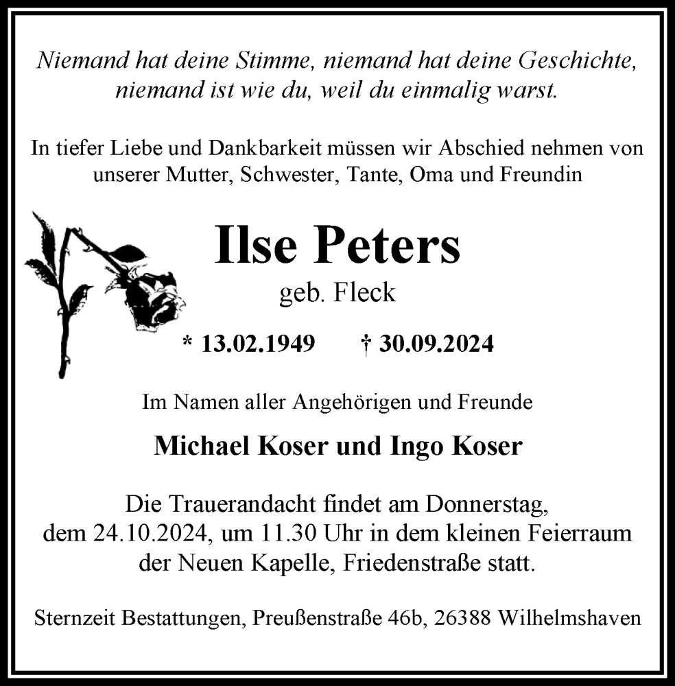  Traueranzeige für Ilse Peters vom 19.10.2024 aus WZ/JW/AH