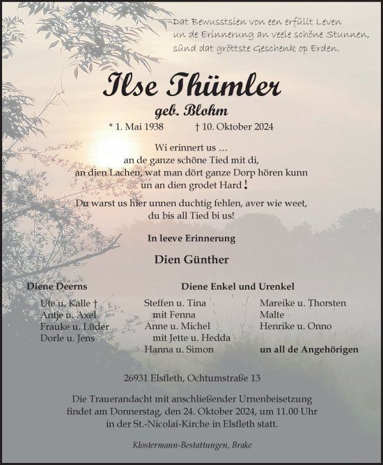 Traueranzeige von Ilse Thümler von Nordwest-Zeitung