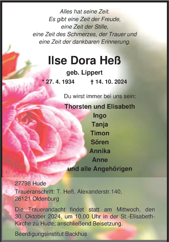 Traueranzeige von Ilse Dora Heß von Nordwest-Zeitung