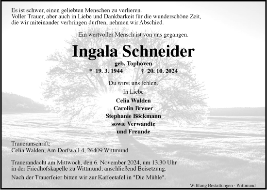 Traueranzeige von Ingala Schneider von WZ/JW/AH