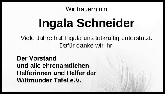 Traueranzeige von Ingala Schneider von WZ/JW/AH