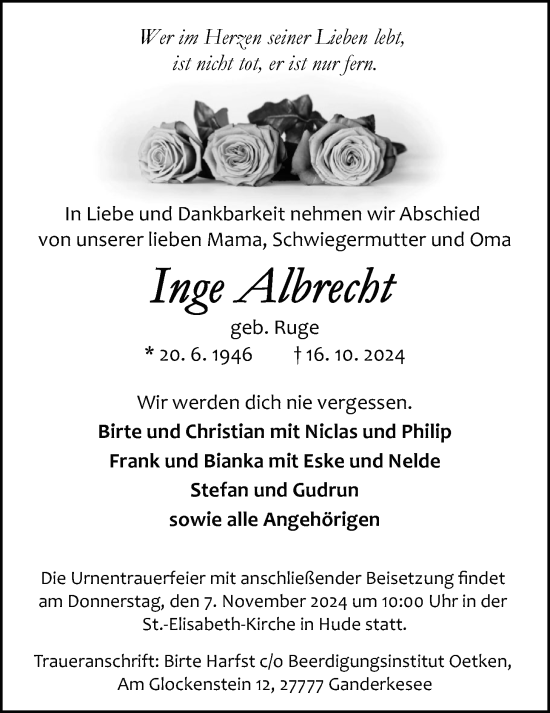 Traueranzeige von Inge Albrecht von Nordwest-Zeitung