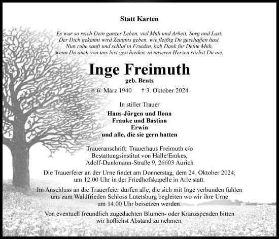 Traueranzeige von Inge Freimuth von WZ/JW/AH