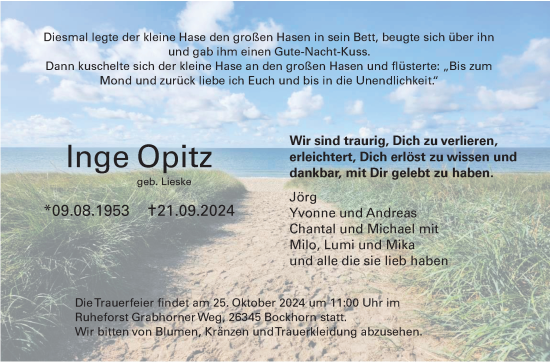 Traueranzeige von Inge Opitz von Nordwest-Zeitung