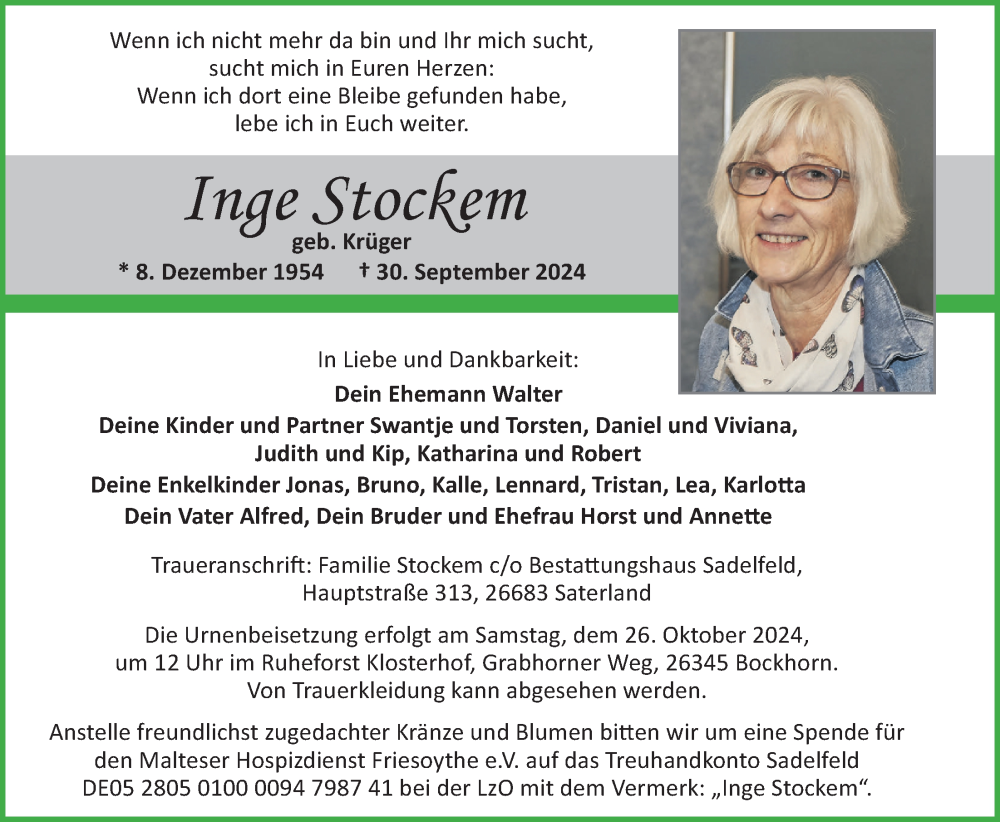  Traueranzeige für Inge Stockem vom 12.10.2024 aus Nordwest-Zeitung