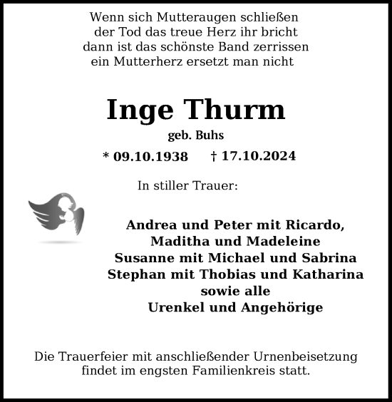 Traueranzeige von Inge Thurm von WZ/JW/AH