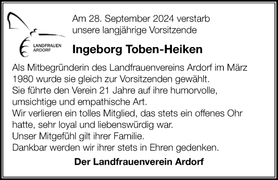 Traueranzeige von Ingeborg Toben-Heiken von WZ/JW/AH