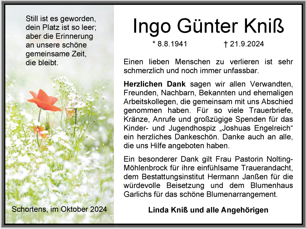  Traueranzeige für Ingo Günter Kniß vom 26.10.2024 aus WZ/JW/AH