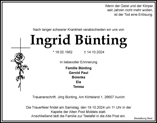 Traueranzeige von Ingrid Bünting von WZ/JW/AH