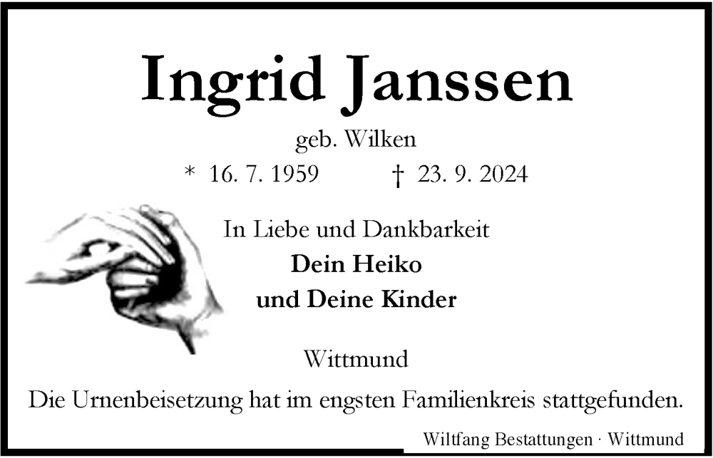 Traueranzeige für Ingrid Janssen vom 14.10.2024 aus WZ/JW/AH