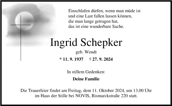 Traueranzeige von Ingrid Schepker von WZ/JW/AH