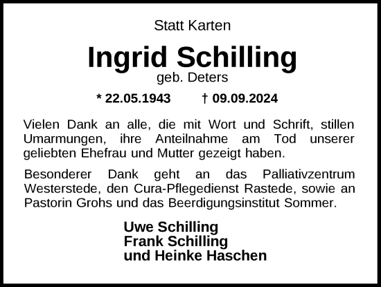 Traueranzeige von Ingrid Schilling von Nordwest-Zeitung