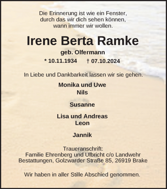 Traueranzeige von Irene Ramke von Nordwest-Zeitung