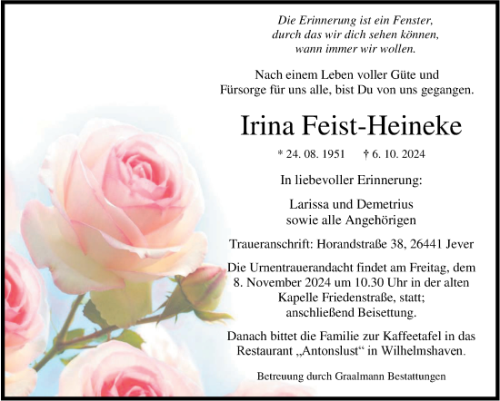 Traueranzeige von Irina Feist-Heineke von WZ/JW/AH