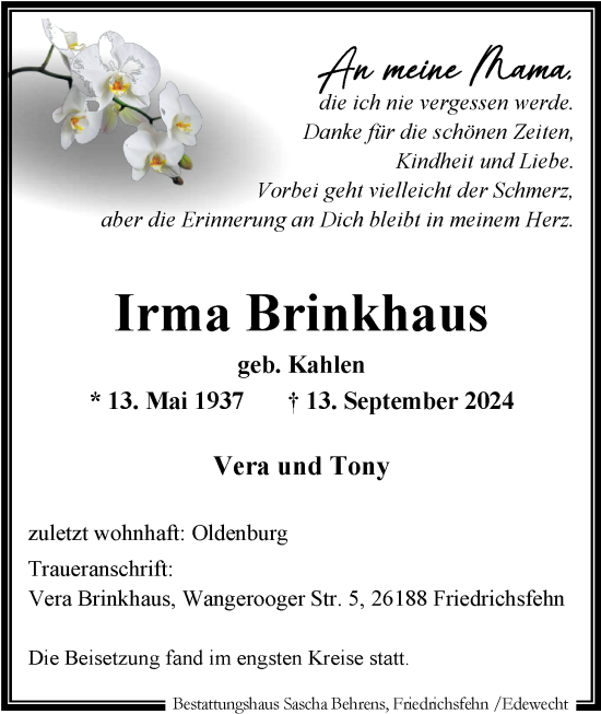 Traueranzeige von Irma Brinkhaus von Nordwest-Zeitung