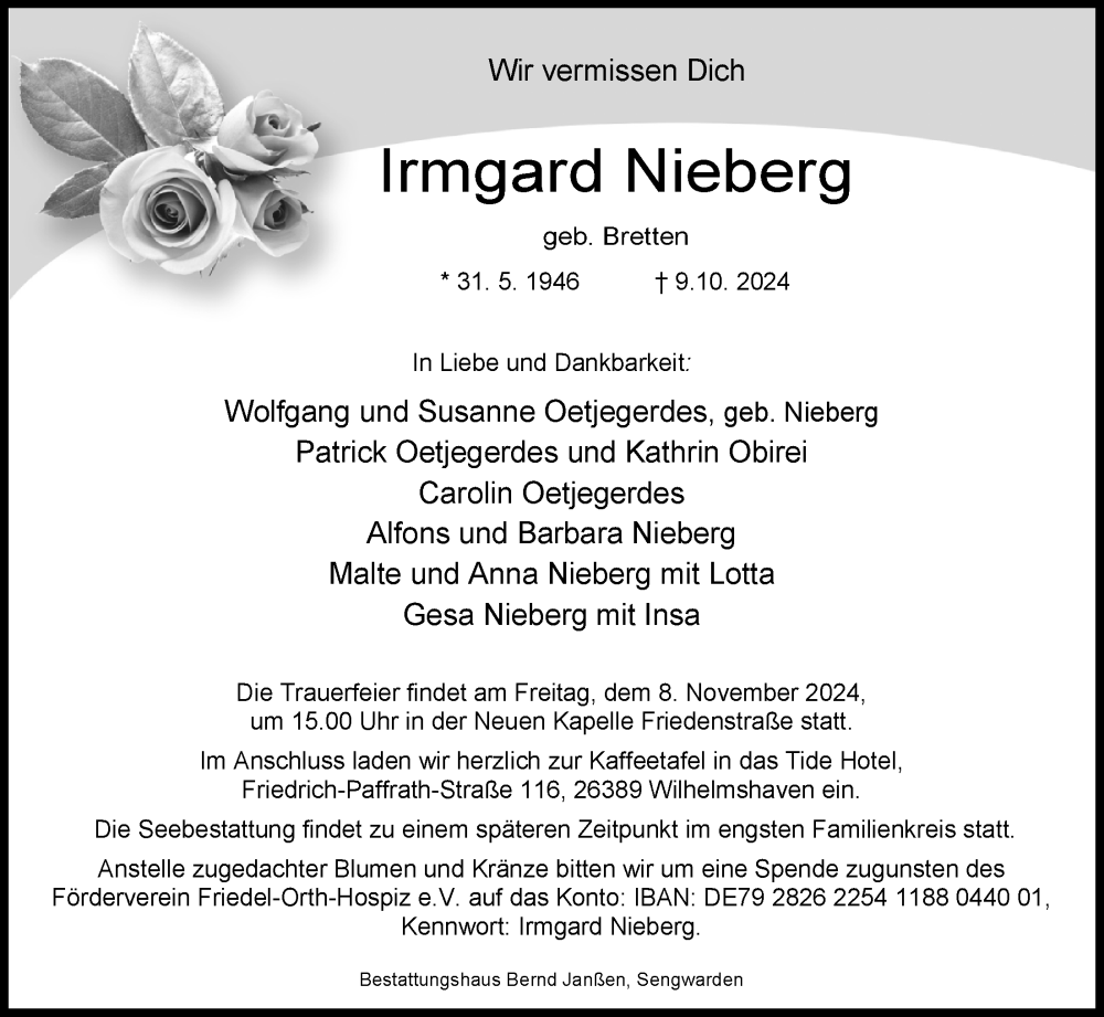  Traueranzeige für Irmgard Nieberg vom 12.10.2024 aus WZ/JW/AH