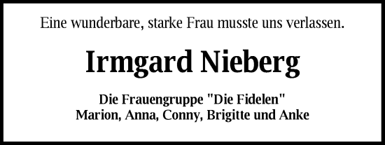 Traueranzeige von Irmgard Nieberg von WZ/JW/AH