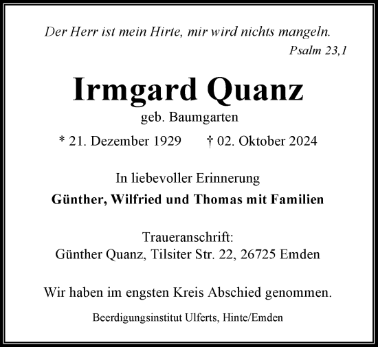 Traueranzeigen Von Irmgard Quanz | Nordwest-trauer.de