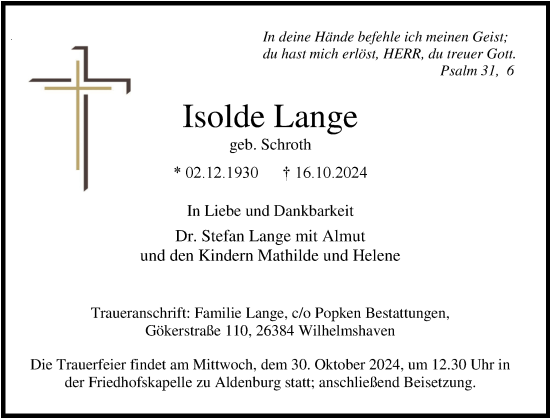 Traueranzeige von Isolde Lange von WZ/JW/AH