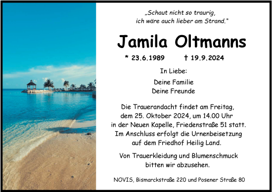 Traueranzeige von Jamila Oltmanns von WZ/JW/AH