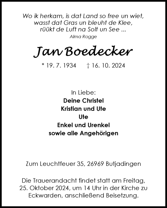 Traueranzeige von Jan Boedecker von Nordwest-Zeitung