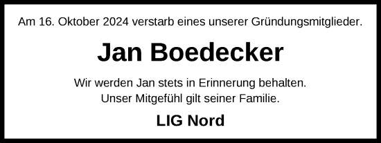 Traueranzeige von Jan Boedecker von Nordwest-Zeitung