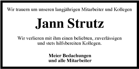 Traueranzeige von Jann Strutz von WZ/JW/AH