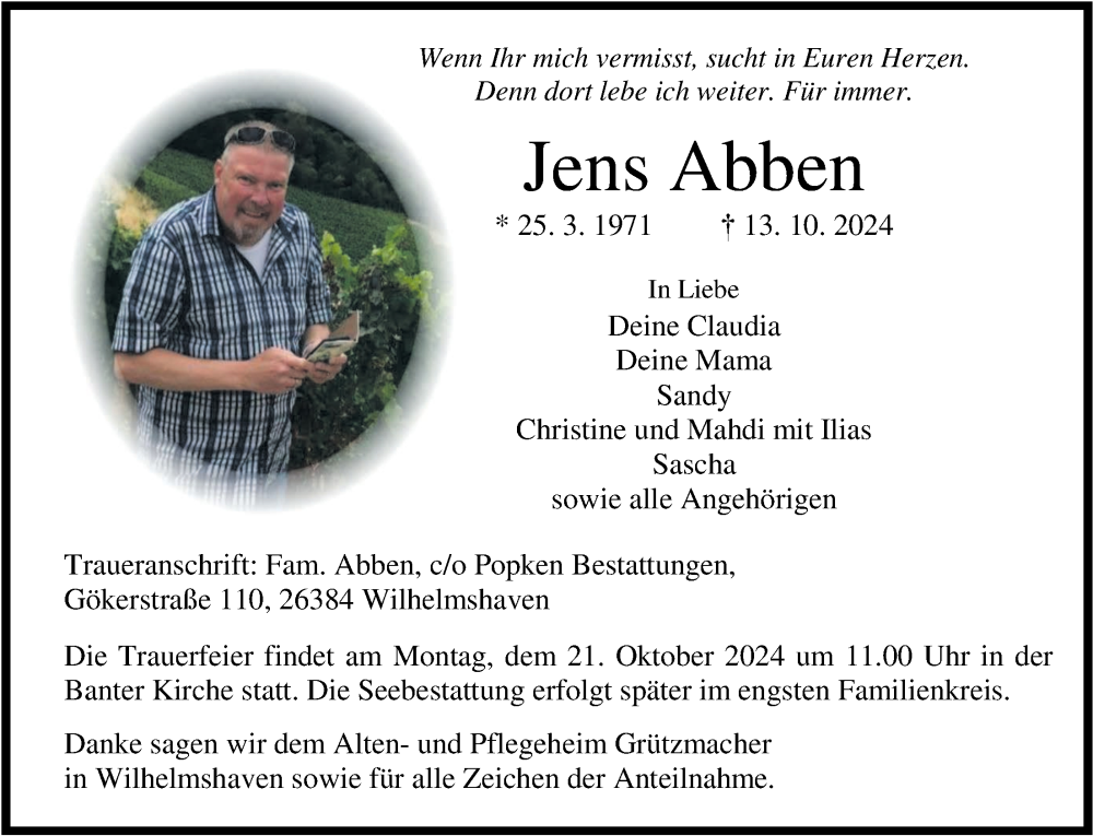  Traueranzeige für Jens Abben vom 19.10.2024 aus WZ/JW/AH