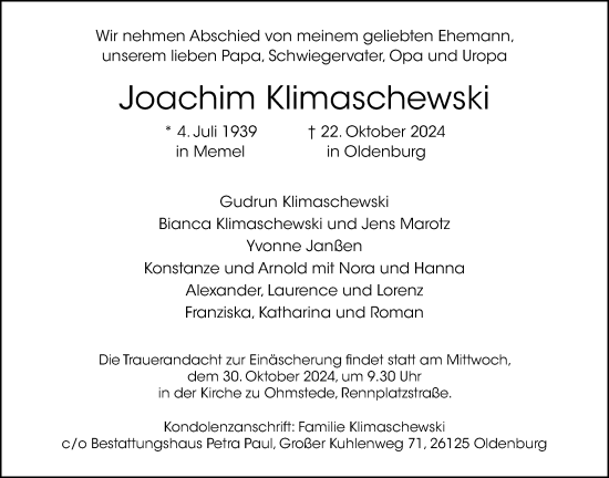 Traueranzeige von Joachim Klimaschewski von Nordwest-Zeitung