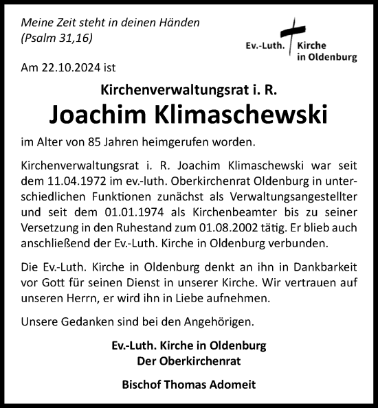 Traueranzeige von Joachim Klimaschewski von Nordwest-Zeitung