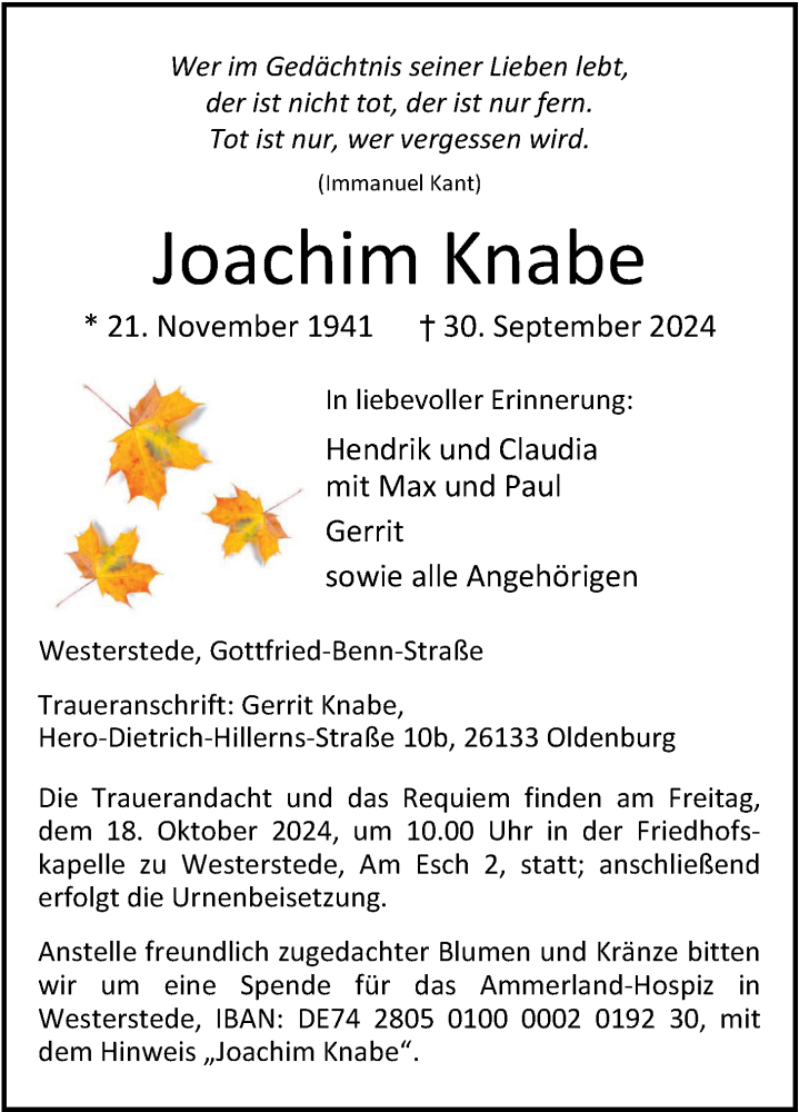  Traueranzeige für Joachim Knabe vom 05.10.2024 aus Nordwest-Zeitung