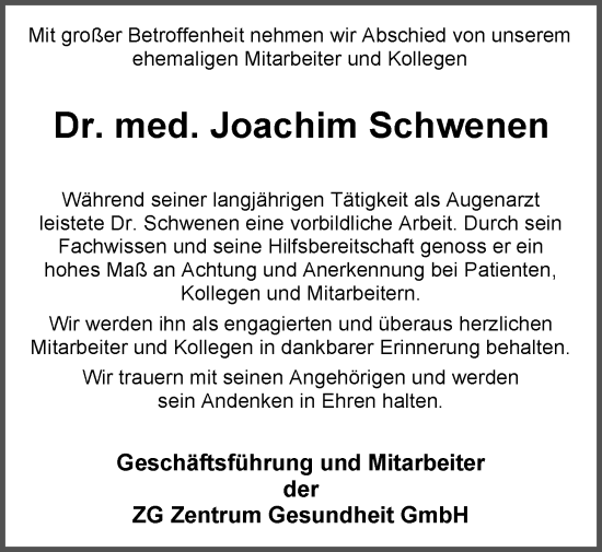 Traueranzeige von Joachim Schwenen von Emder Zeitung