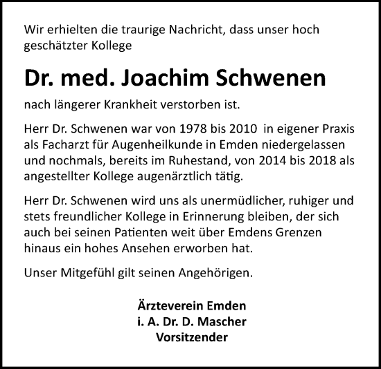 Traueranzeige von Joachim Schwenen von Emder Zeitung